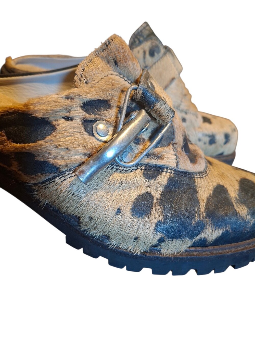 Vintage Geier Wally Austria Pony Hair Cow Print Clogs Sz 8.5 Lug Sole Mule - Picture 12 of 13